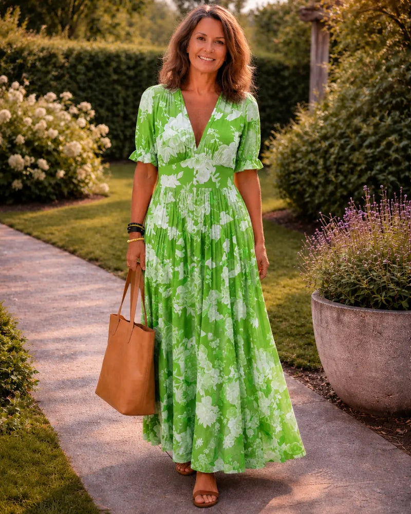 Adelisse Robe Maxi Plissée à Imprimé Fleuri pour Femme - Vert