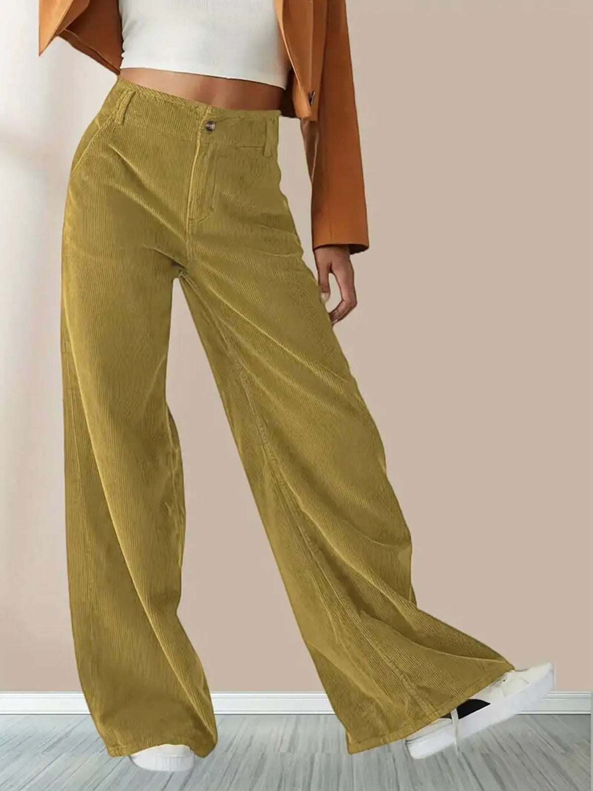 Bronwyn Pantalon en Velours Côtelé, Taille Haute et Jambe Large pour Femme - Jaune Moutarde