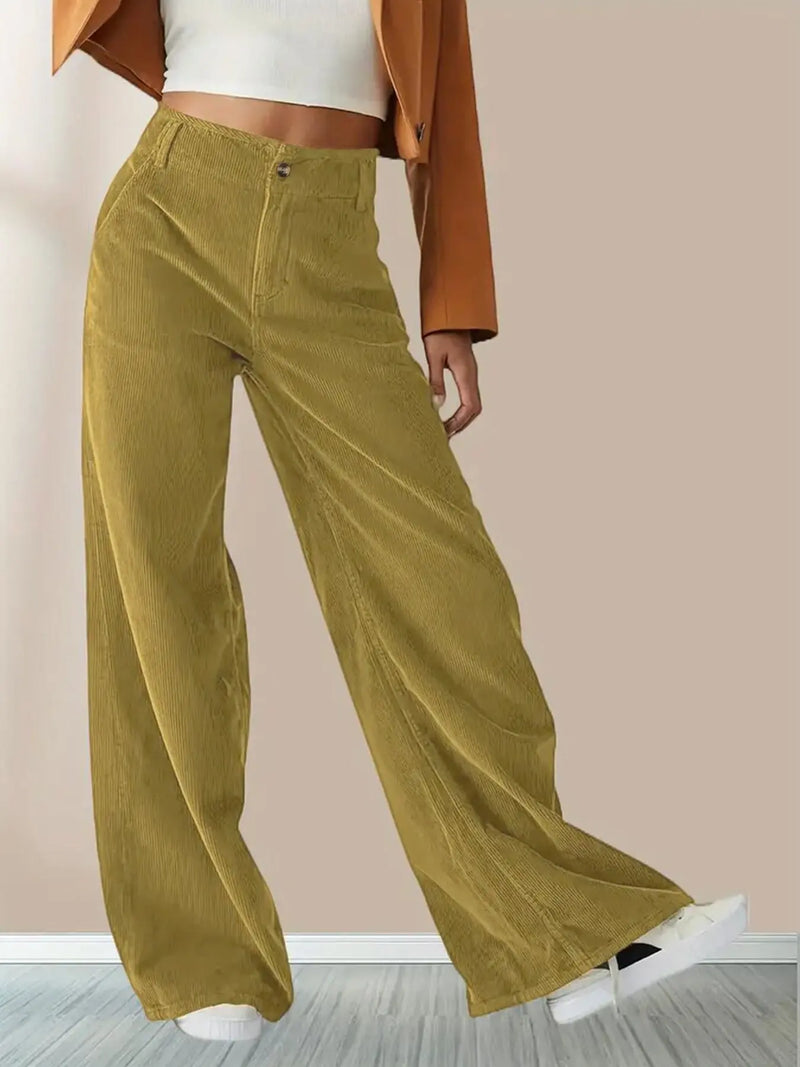 Bronwyn Pantalon en Velours Côtelé, Taille Haute et Jambe Large pour Femme - Jaune Moutarde