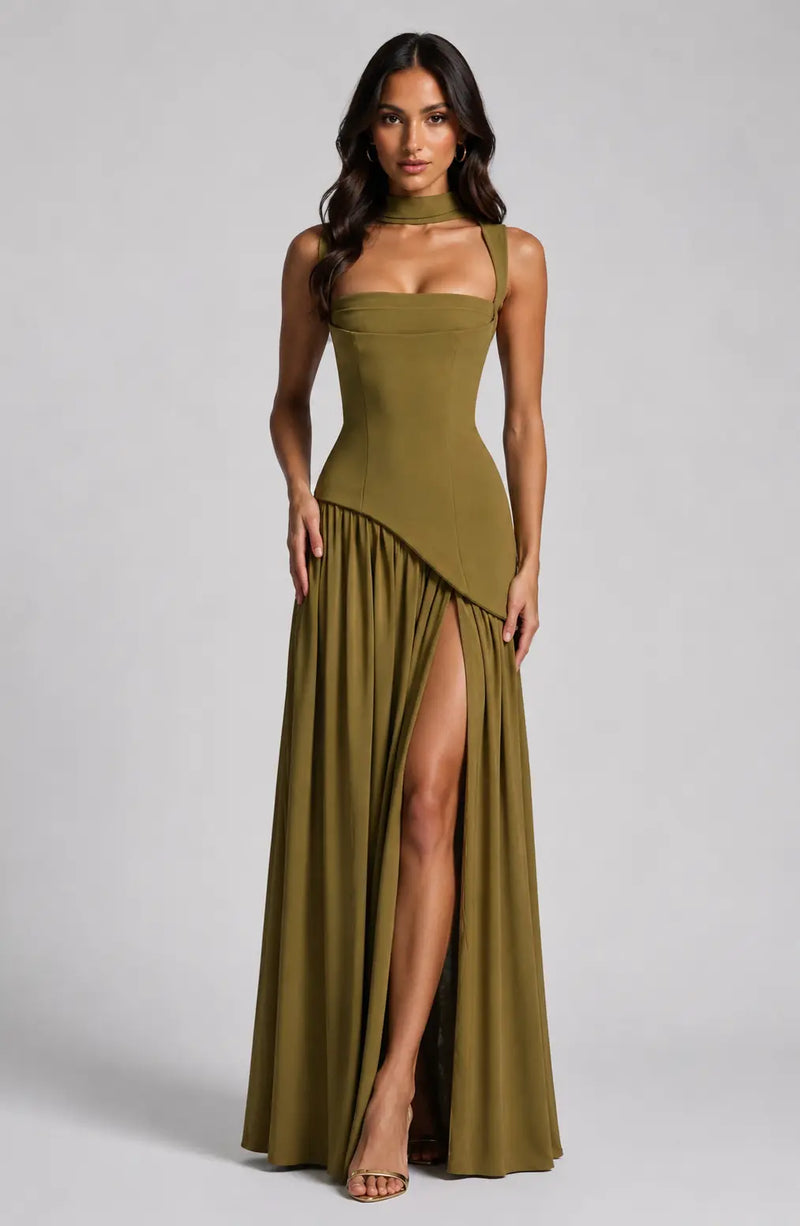 Valencia Robe Maxi Drapée Effet Satin, Silhouette Sculptée et Élégante pour Femme - Vert Sauge
