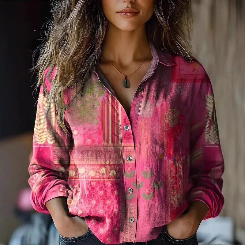 Indie Blouse Boutonnée Bohème, Manches Longues pour Femme - Rose