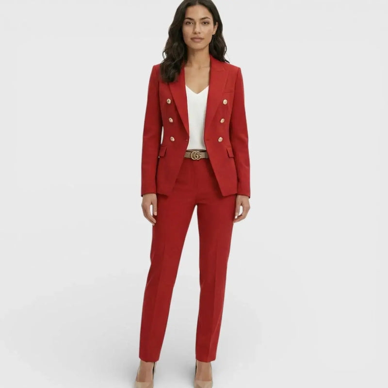 Sabine Tailleur Blazer Croisé à Boutons Dorés et Pantalon pour Femme - Rouge