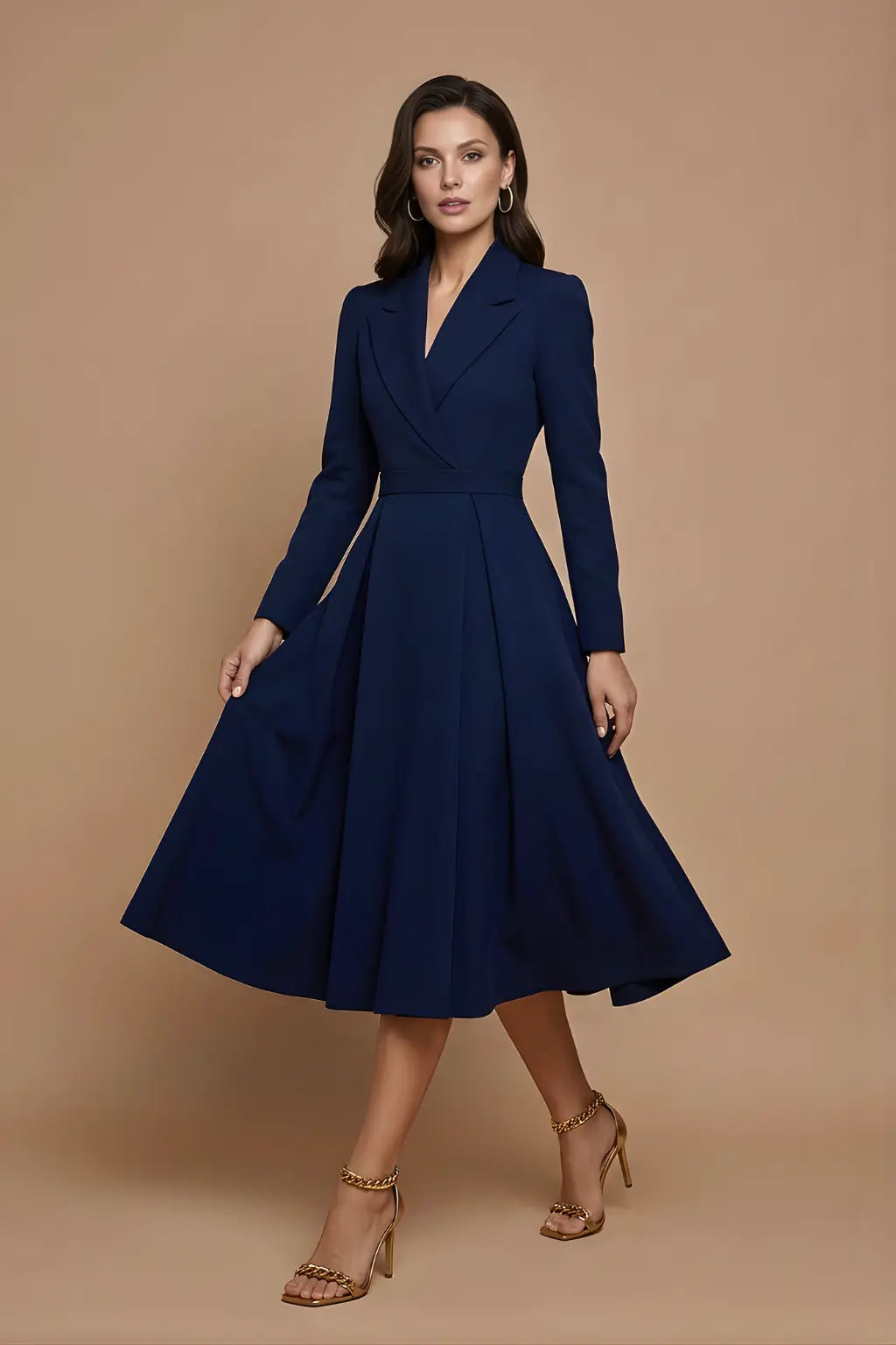 Fiorella Robe Midi Trapèze, Col Cranté, Jupe Plissée Ample pour Femme - Bleu Marine