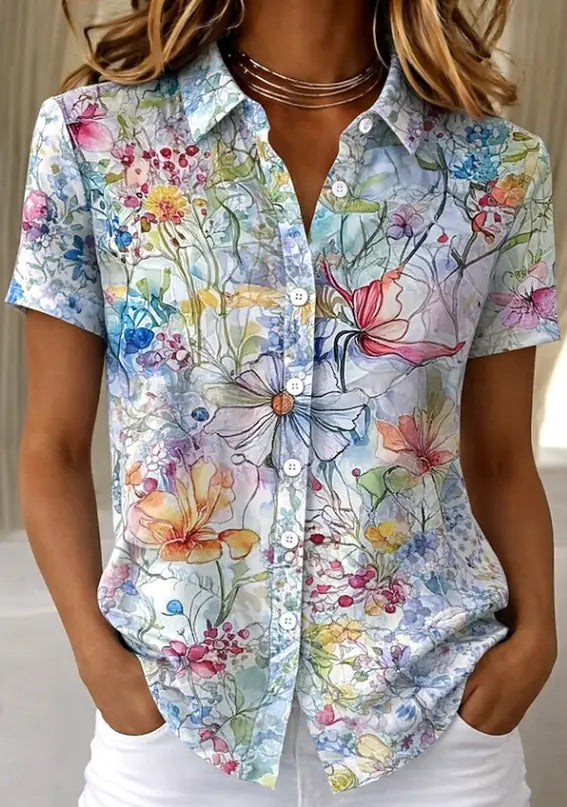 Ravenna Chemise Fleurie Boutonnée, Manches Courtes, Coupe Décontractée, 7 Coloris pour Femme - Bleu Clair