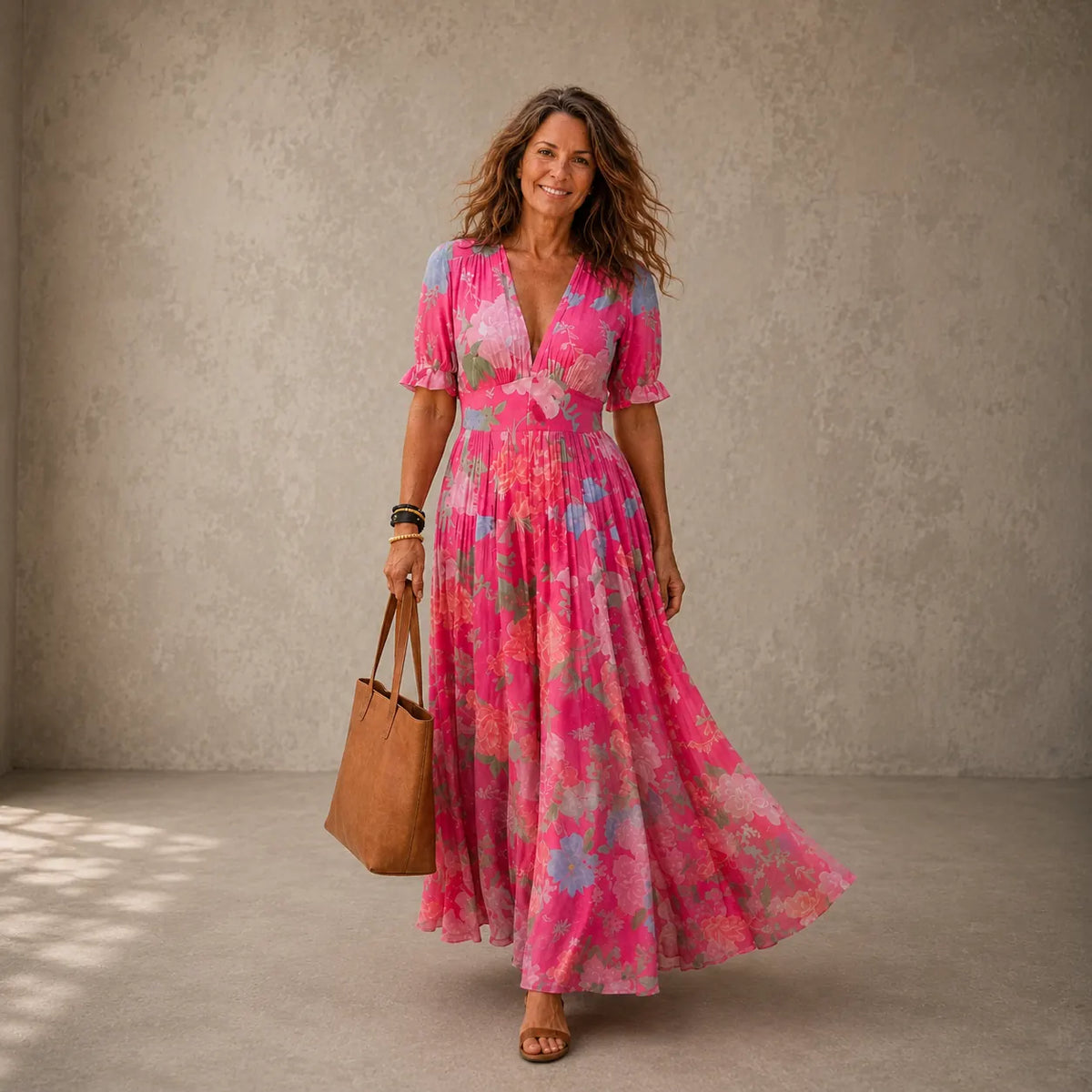 Adelisse Robe Maxi Plissée à Imprimé Fleuri pour Femme - Rose