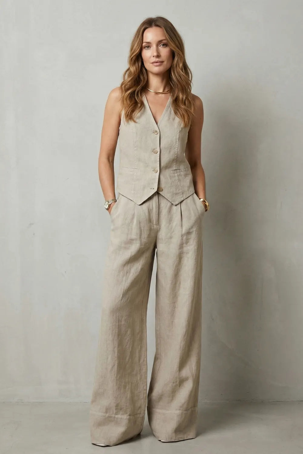 Fiora Ensemble Gilet et Pantalon Large, Col en V, Boutonné Devant, Coupe Ajustée pour Femme - Beige