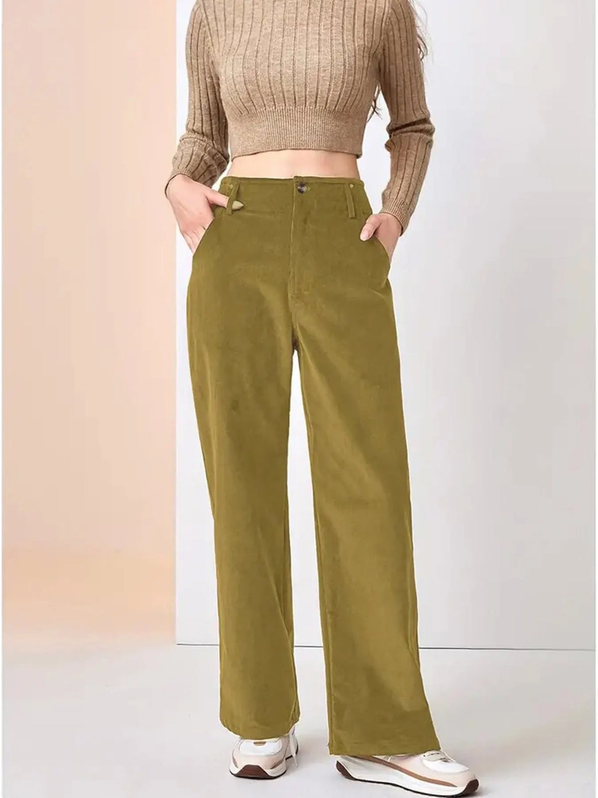 Bronwyn Pantalon en Velours Côtelé, Taille Haute et Jambe Large pour Femme - Jaune Moutarde