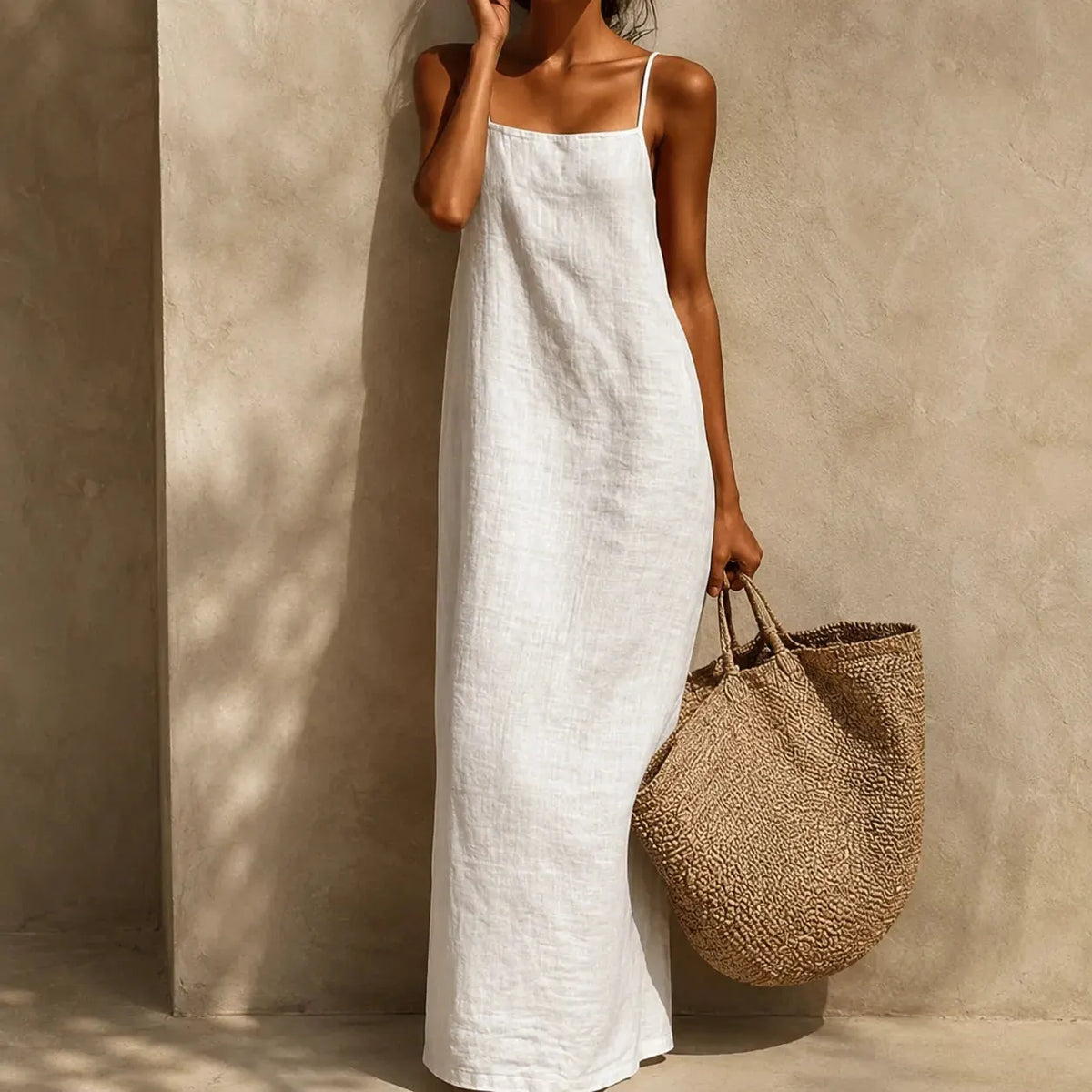 Marelle Robe Maxi Fluide Effet Lin pour Femme - Blanc