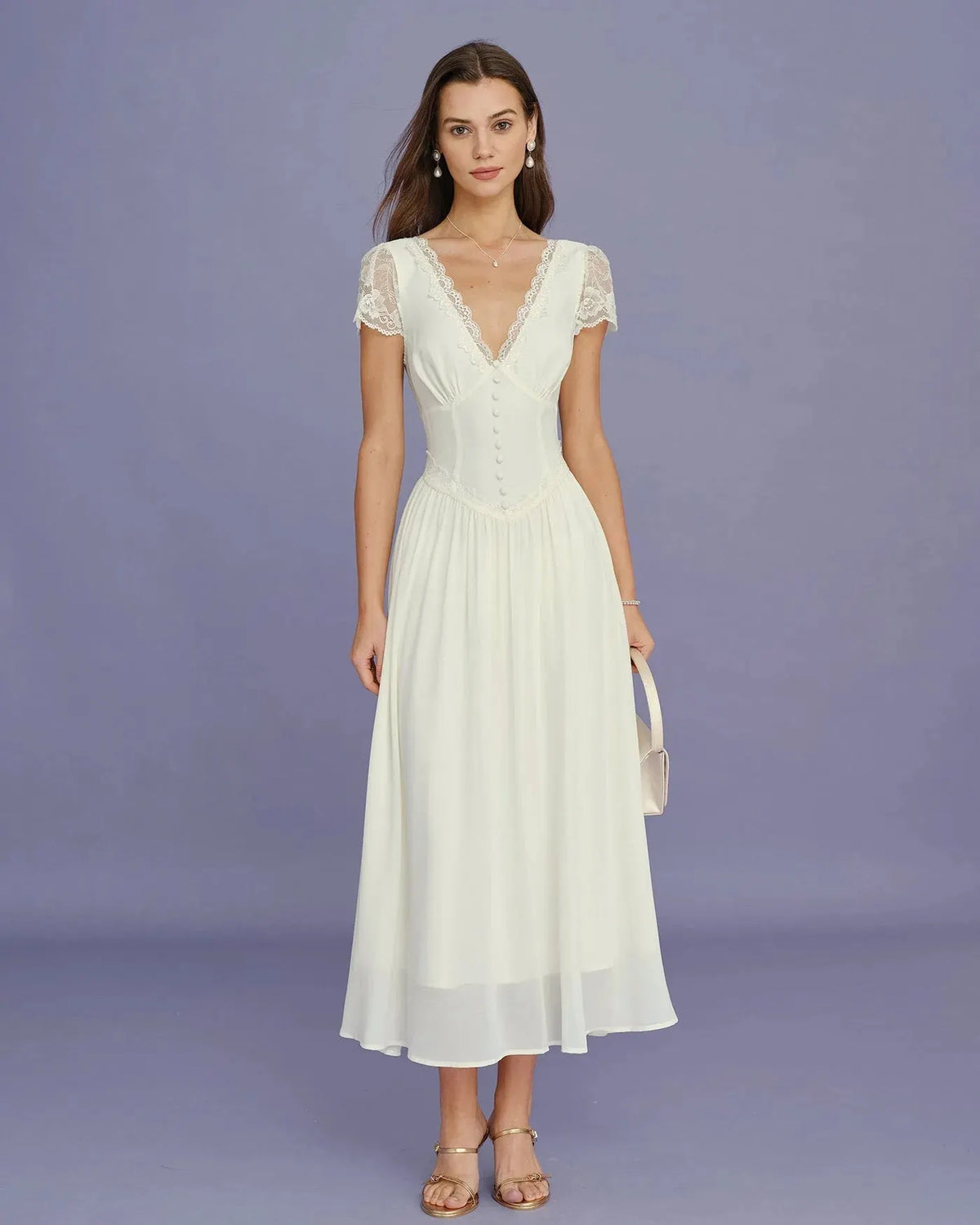 Ariadne Robe Midi en Dentelle à Manches pour Femme - Ivoire