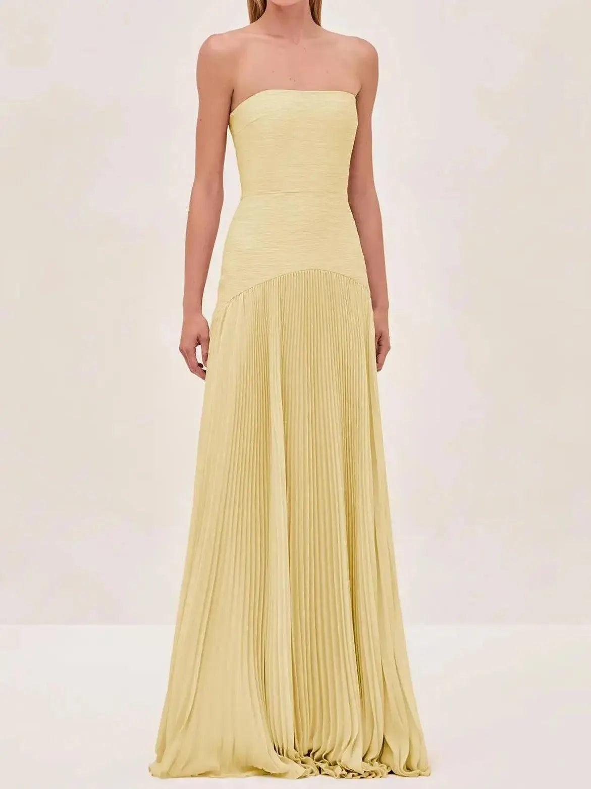 Ysolde Robe Maxi Bustier Ajusté, Jupe Plissée, Sans Bretelles pour Femme - Jaune