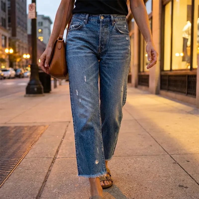 Winnifred Jean Court Droit Rétro, Denim Stretch Doux et Confortable pour Femme - Bleu Classique