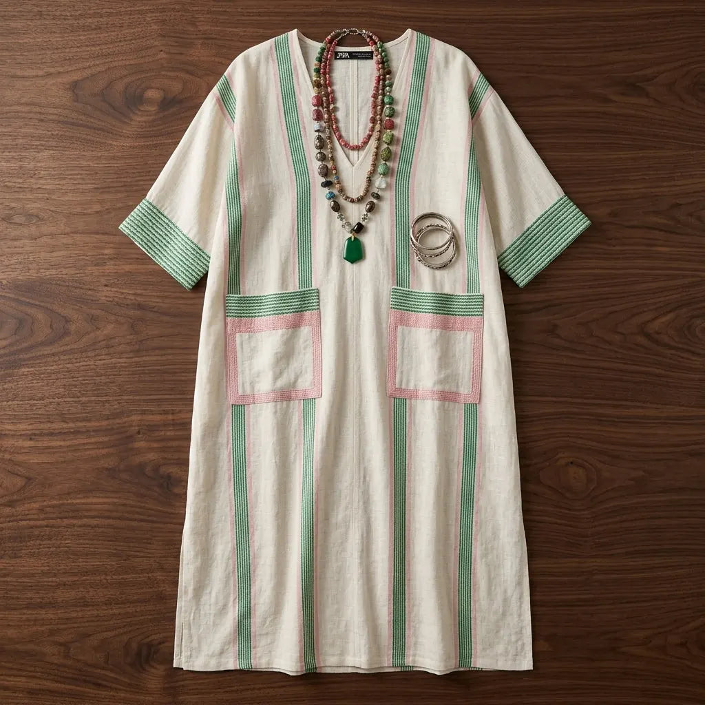 Marchesa Robe Maxi Mélange Lin, Coupe Décontractée, Longueur Cheville pour Femme - Rose et Vert