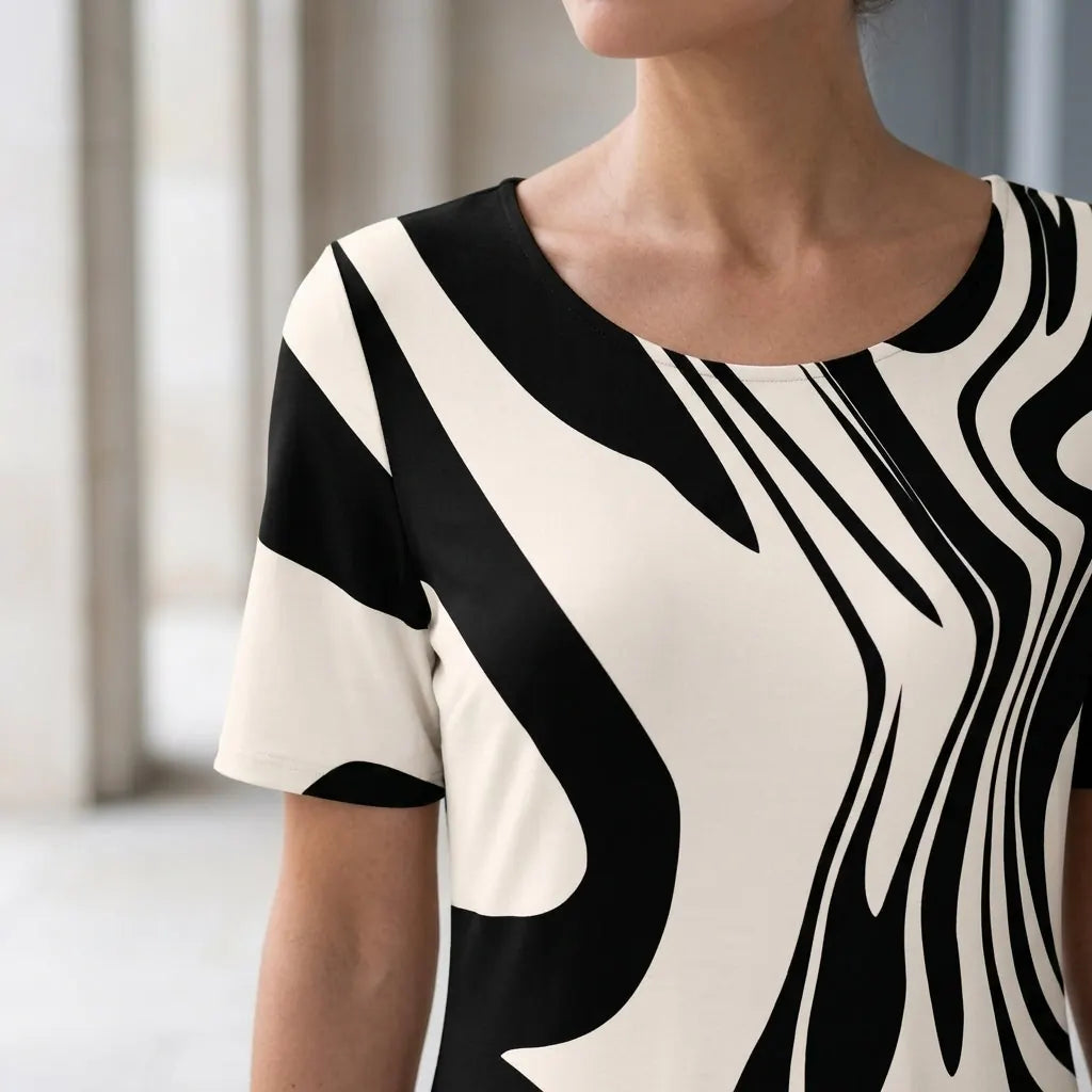 Marisol Robe Midi Imprimé Abstrait, Manches Courtes, Col Rond, Coupe Trapèze Décontractée pour Femme - Blanc