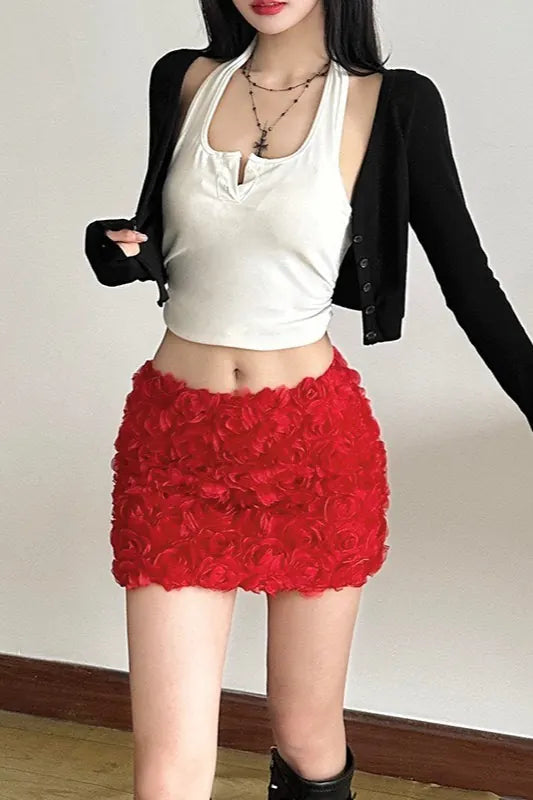 Havana Jupe Mini Moulante à Fleurs 3D pour Femme - Rouge