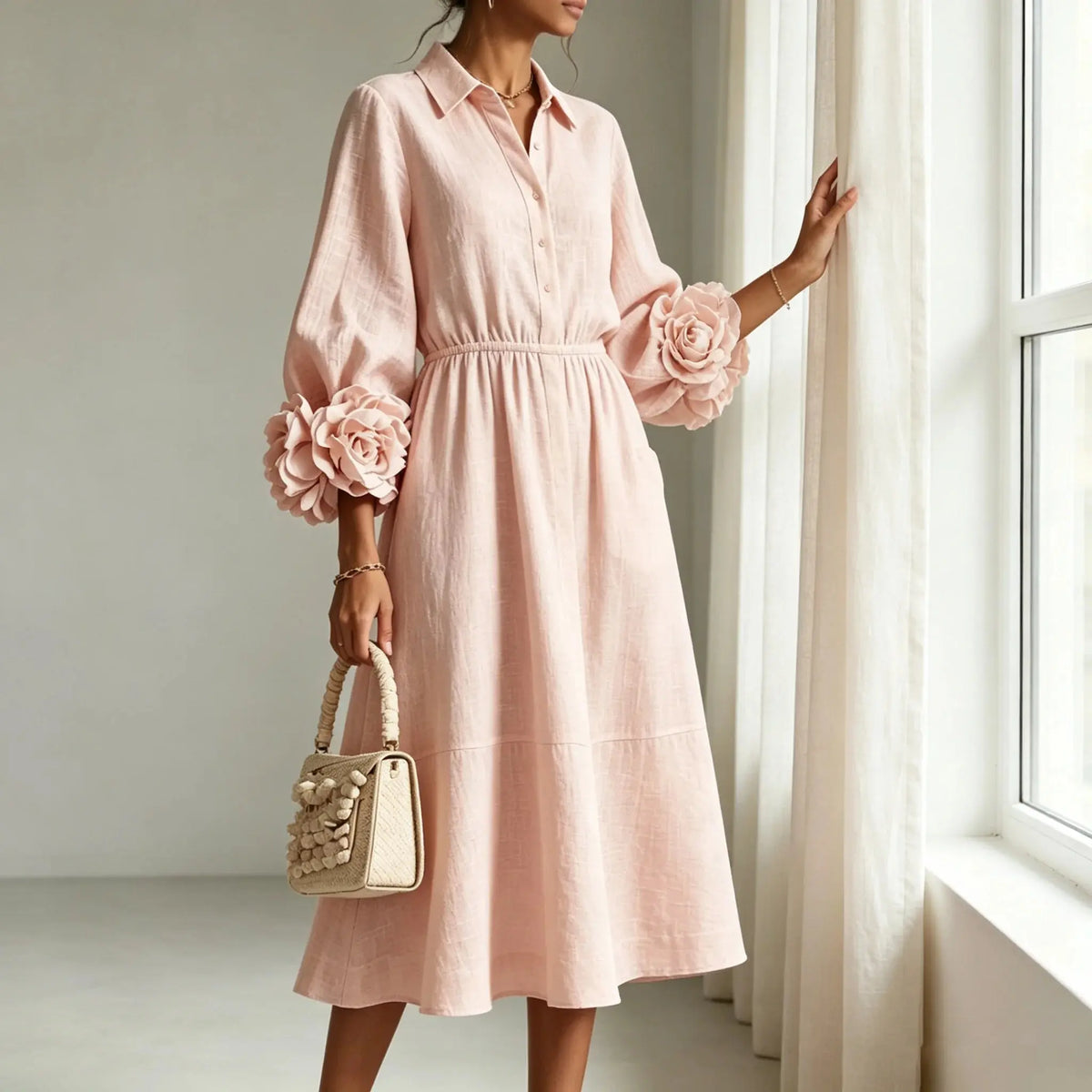 Marielle Robe Midi Fleurie à Manchettes pour Femme - Rose