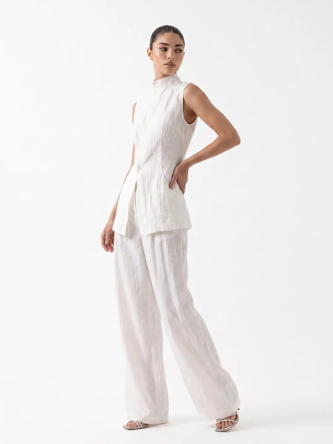 Grace Ensemble Pantalon Large en Lin pour Femme - Blanc