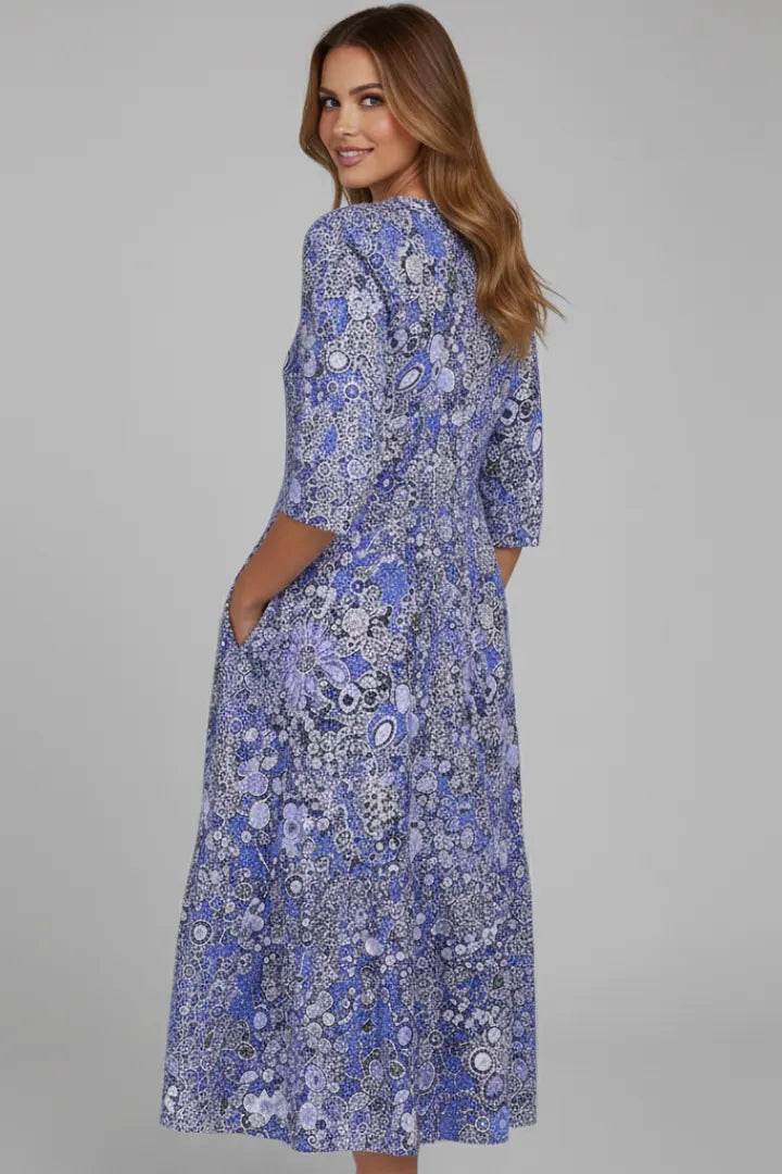 Maren Robe Midi Col en V, Manches Trois-Quarts, Imprimé Intégral pour Femme - Bleu
