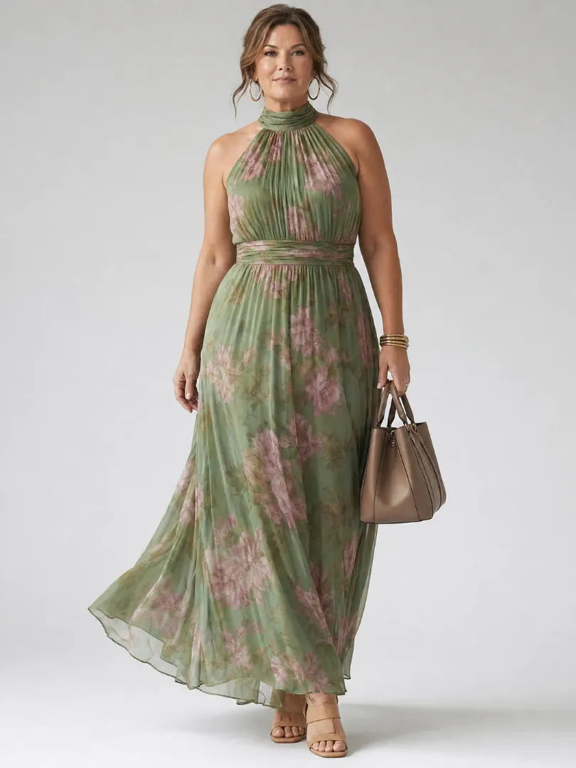Taliesin Robe Midi Col Halter Fleurie, Style Garden Party d'Été pour Femme - Vert Sauge