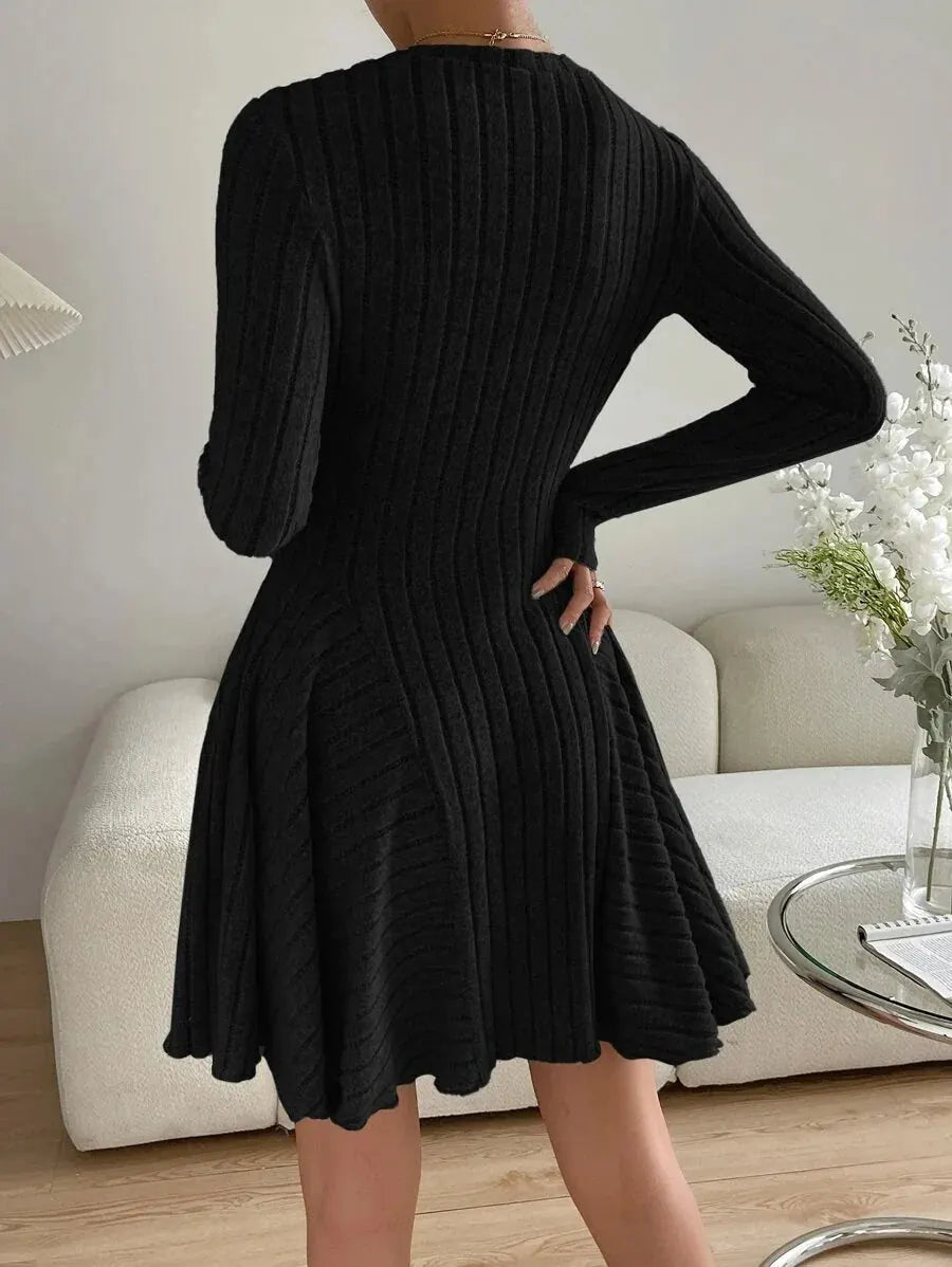 Salome Robe Mini Col Rond, Manches Longues, Détail Côtelé, Style Dîner pour Femme - Noir