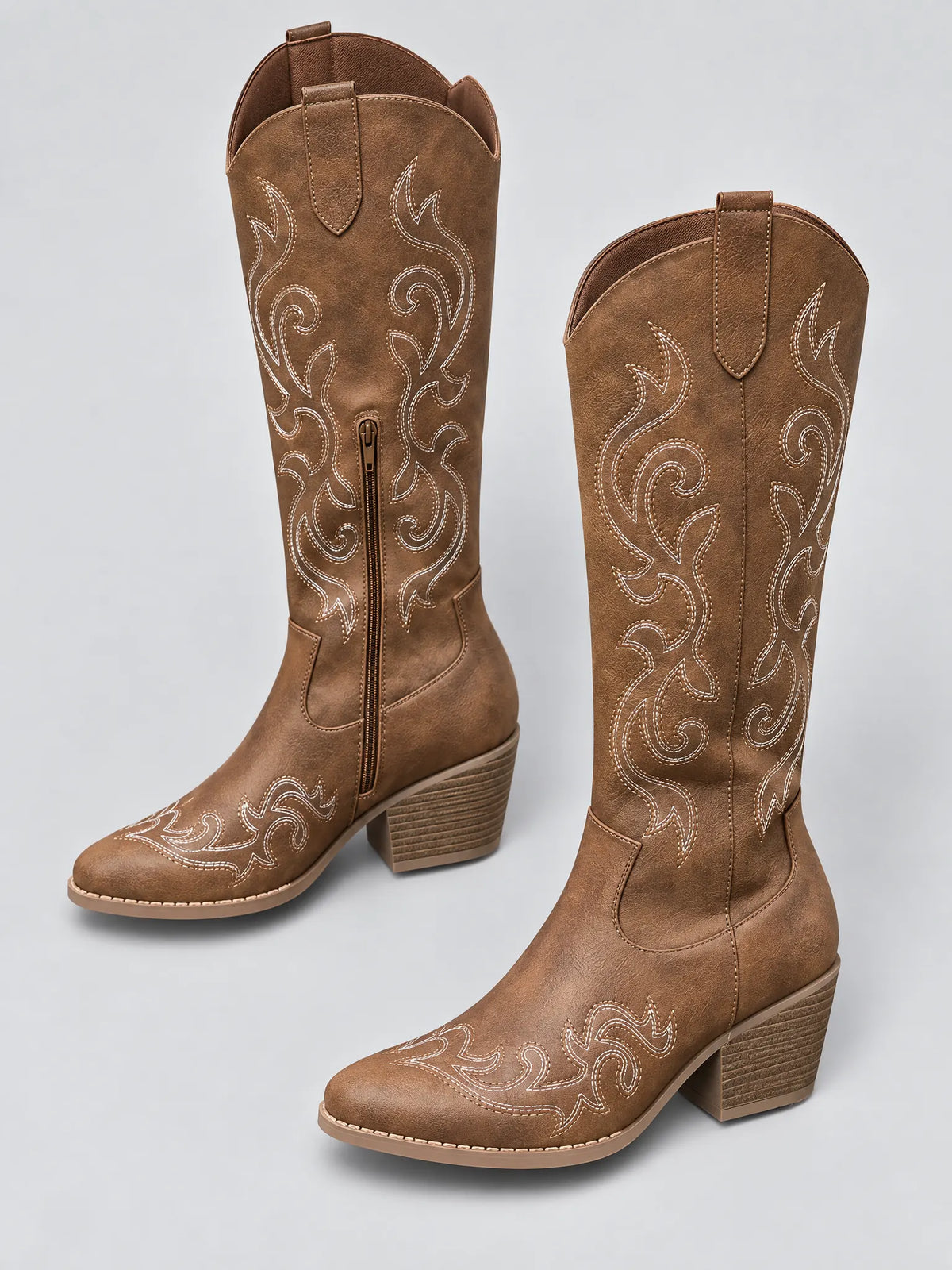 Havi Bottes Western Montantes Brodées, Zip Latéral, Talon Carré pour Femme - Marron