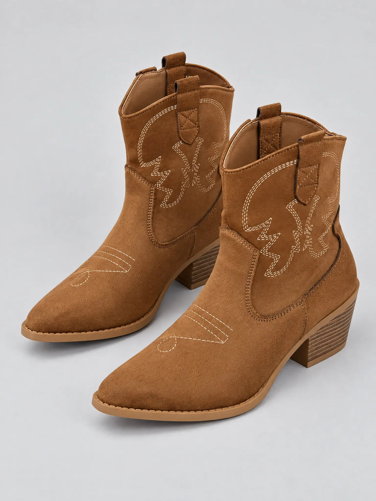Lacey Bottines Western Brodées, Talon Empilé, Style Cowboy pour Femme - Marron Clair
