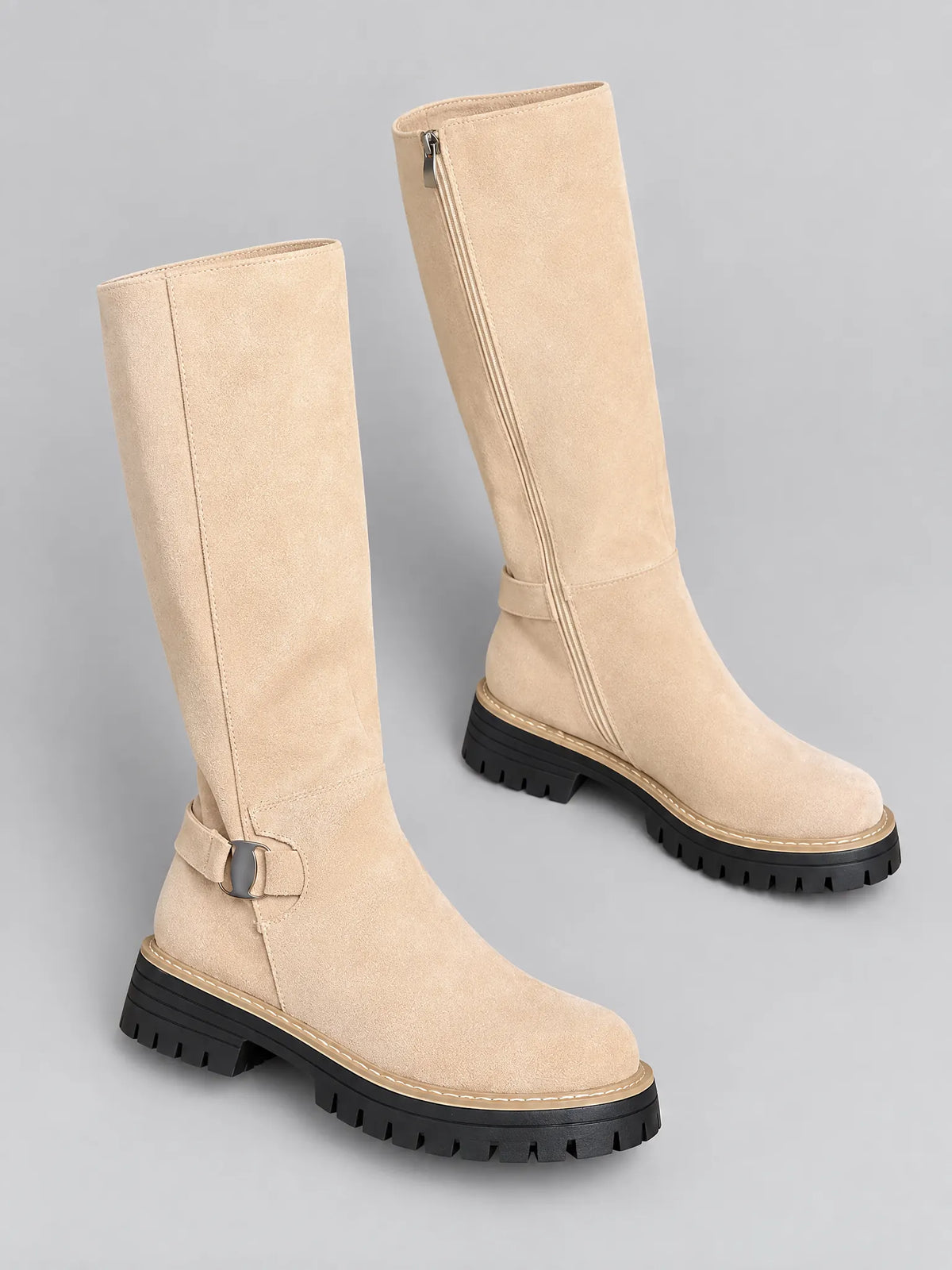 Lainie Bottes Montantes à Boucle, Semelle Crantée, Talon Carré pour Femme - Beige
