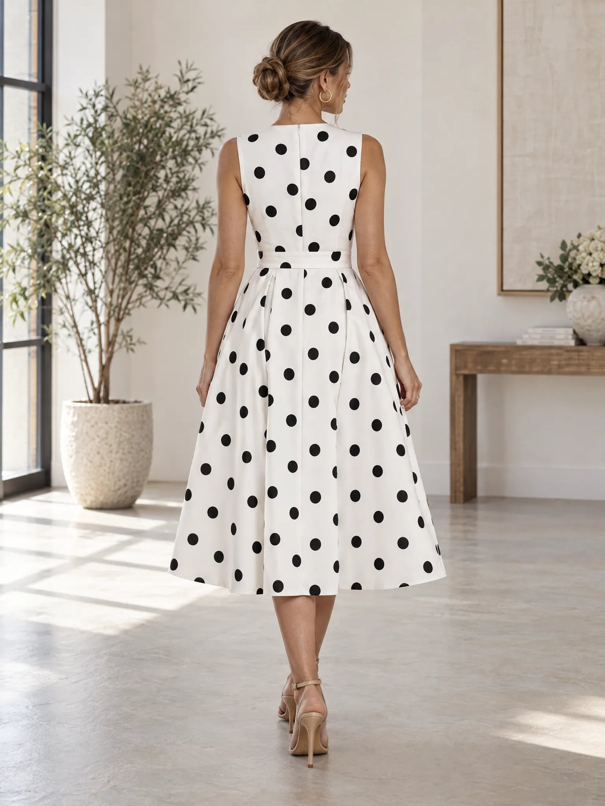 Marisin Robe Midi à Pois, Élégante, Sans Manches, Style Cocktail d'Été pour Femme - Blanc