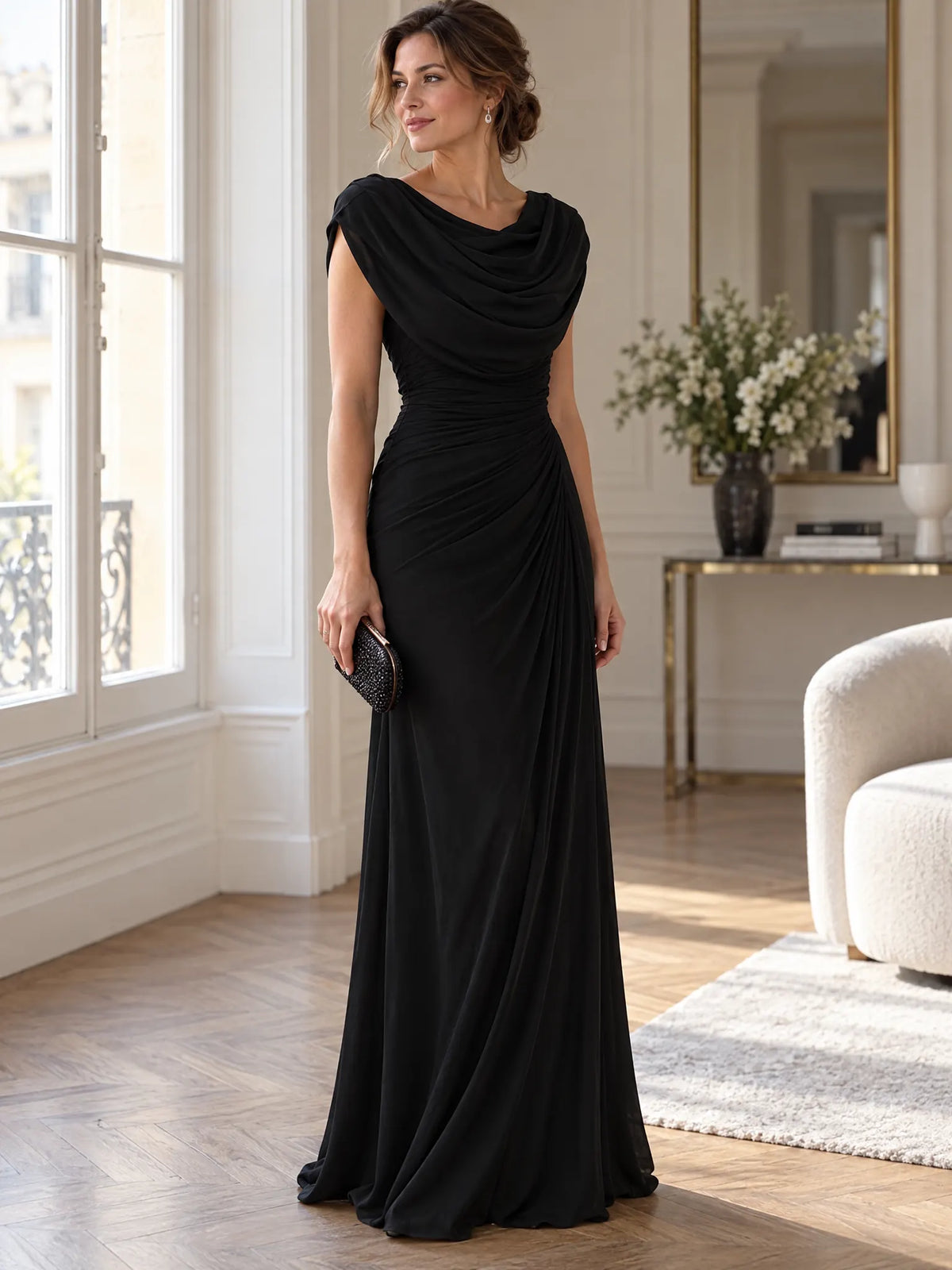 Solange Robe Maxi Drapée à Col Bénitier pour Femme - Noir