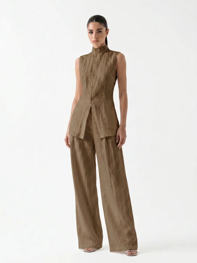 Grace Ensemble Pantalon Large en Lin pour Femme - Kaki