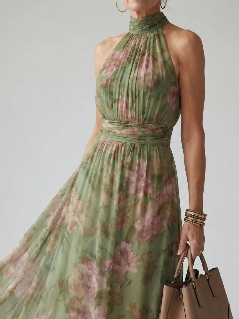 Taliesin Robe Midi Col Halter Fleurie, Style Garden Party d'Été pour Femme - Vert Sauge