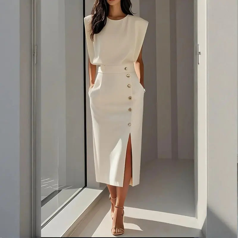 Structa Robe Midi Structurée, Boutons Latéraux et Fente à l'Ourlet pour Femme - Blanc