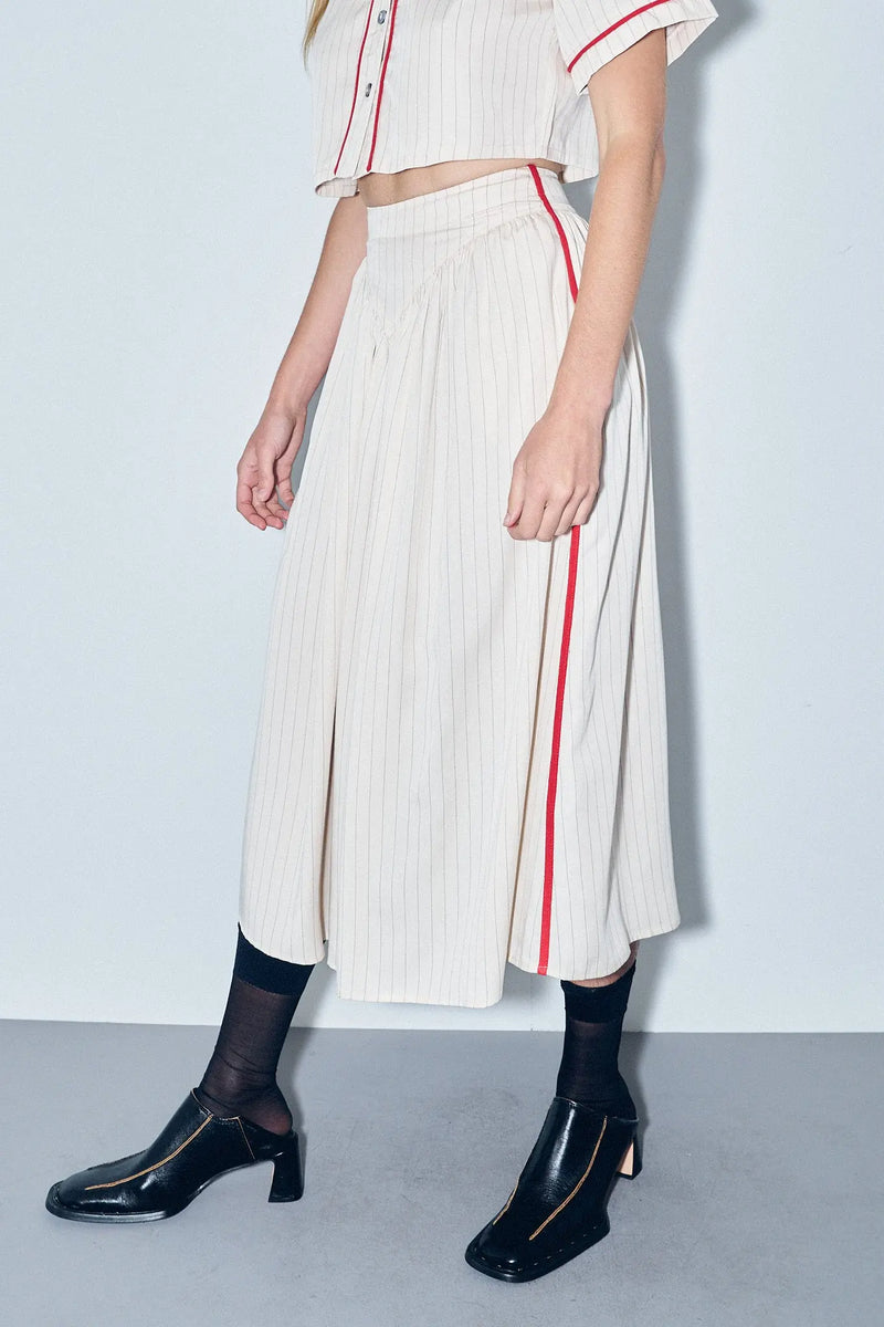 Ismay Jupe Rayée Style Baseball en Tencel, Crème pour Femme - Rayé Baseball
