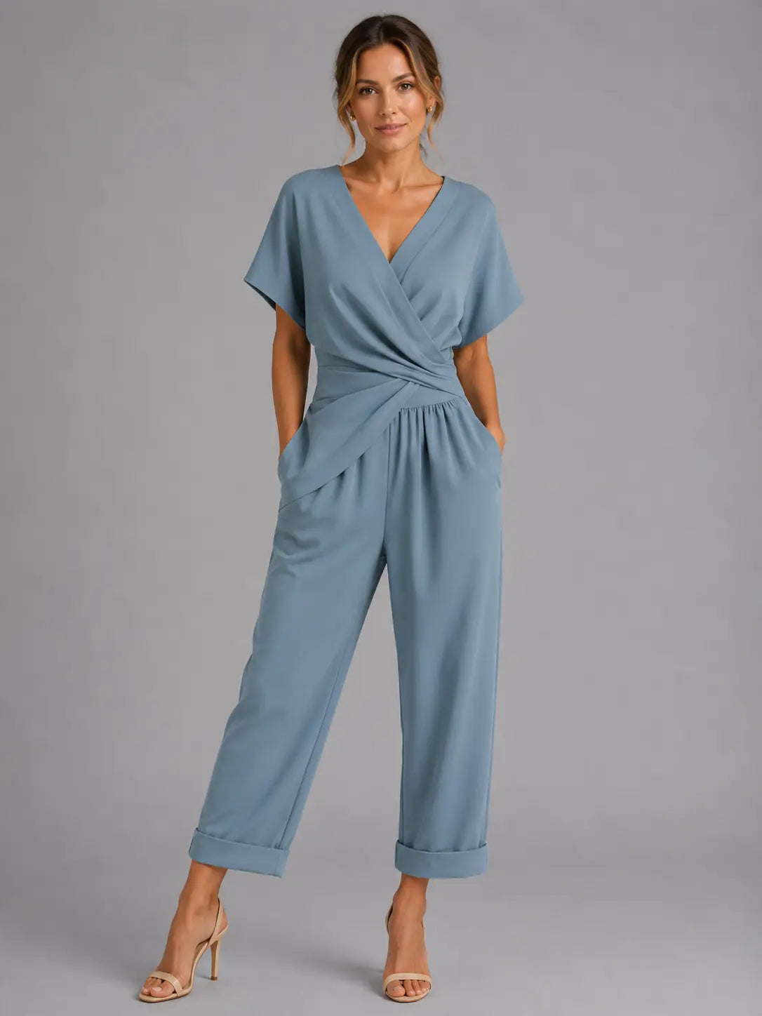 Corinne Ensemble Coordonné Cache-Cœur, Coupe Décontractée d'Été pour Femme - Bleu