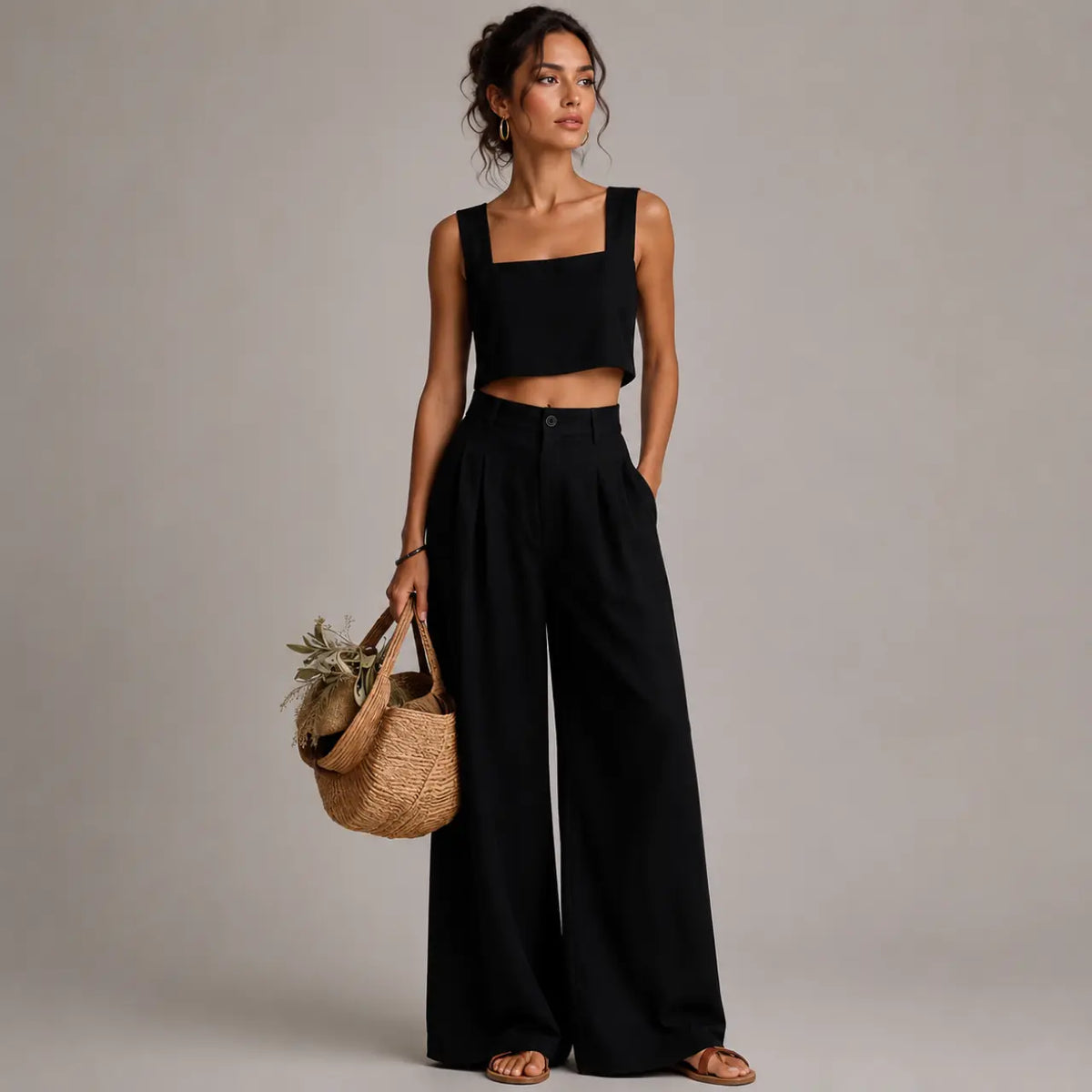 Bea Ensemble Deux Pièces Col Carré, Pantalon Palazzo pour Femme - Noir