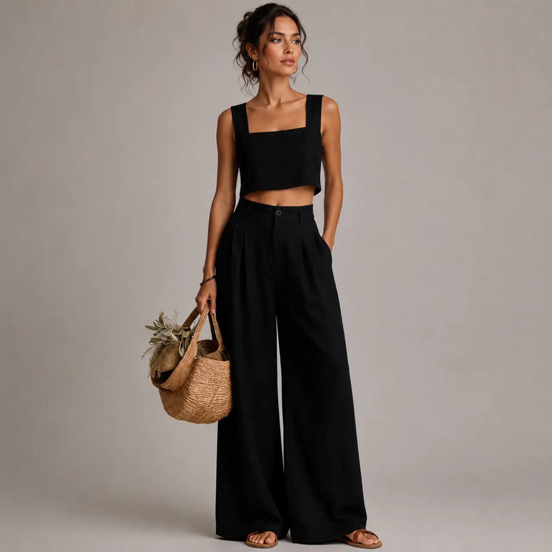 Bea Ensemble Deux Pièces Col Carré, Pantalon Palazzo pour Femme - Noir
