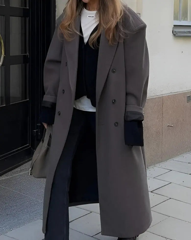 Charter Manteau Maxi en Laine, Col à Revers, Croisé, Manches Longues pour Femme - Gris