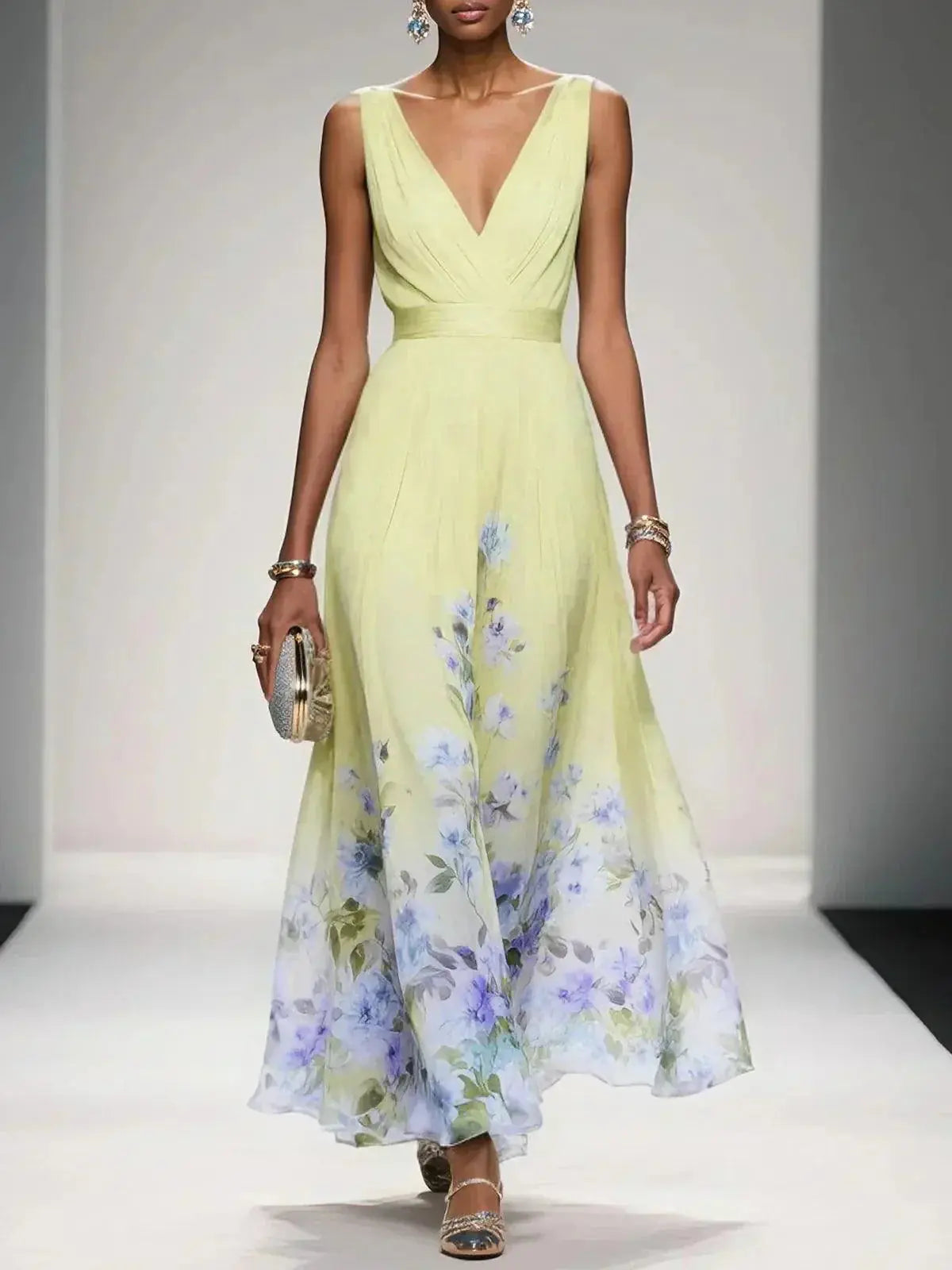 Camille Robe Maxi Fleurie Col en V, Élégante Invitée de Mariage pour Femme - Jaune