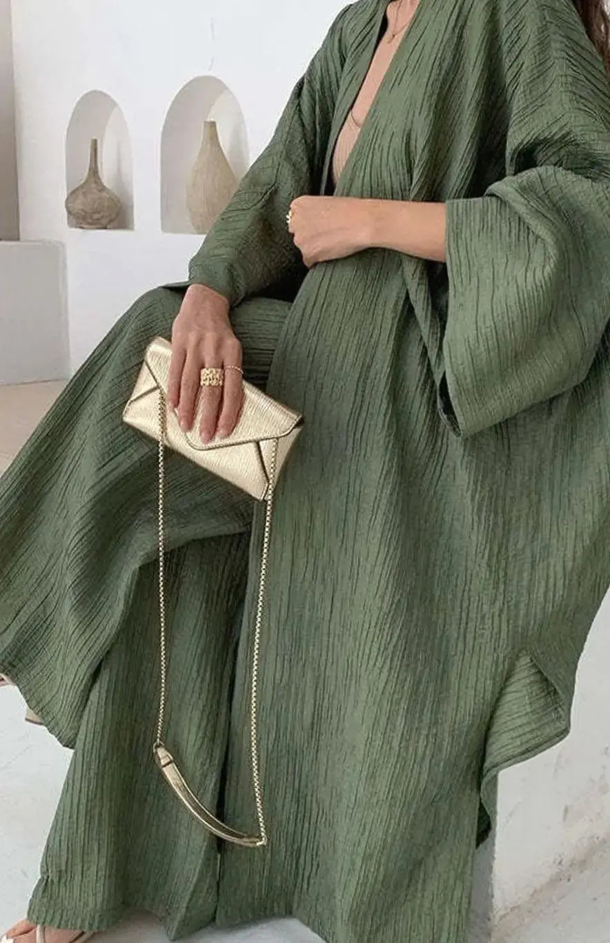 Elowen Ensemble Deux Pièces Kimono Plissé et Pantalon Large pour Femme - Vert