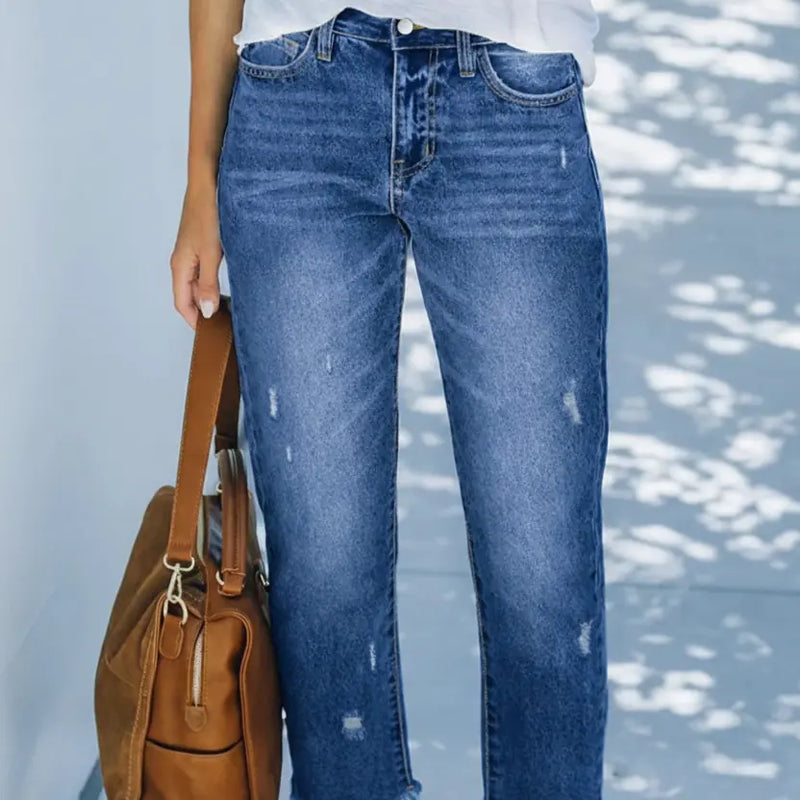 Winnifred Jean Court Droit Rétro, Denim Stretch Doux et Confortable pour Femme - Bleu Foncé
