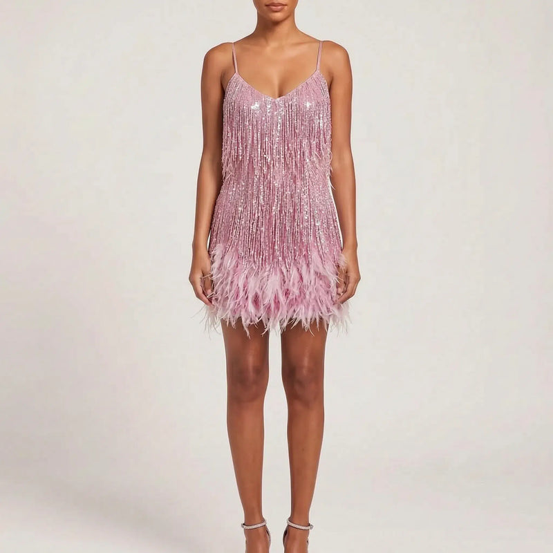 Halcyon Robe Mini à Franges, Sans Manches, Blanche pour Femme - Rose