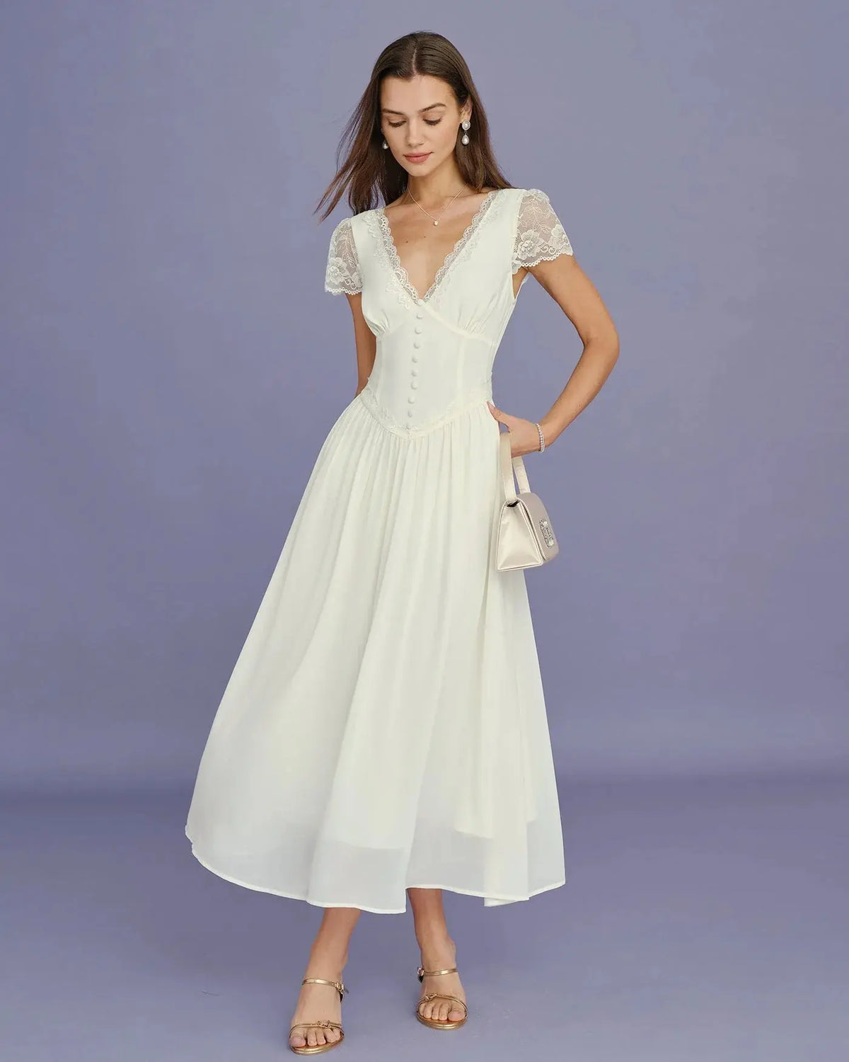 Ariadne Robe Midi en Dentelle à Manches pour Femme - Ivoire