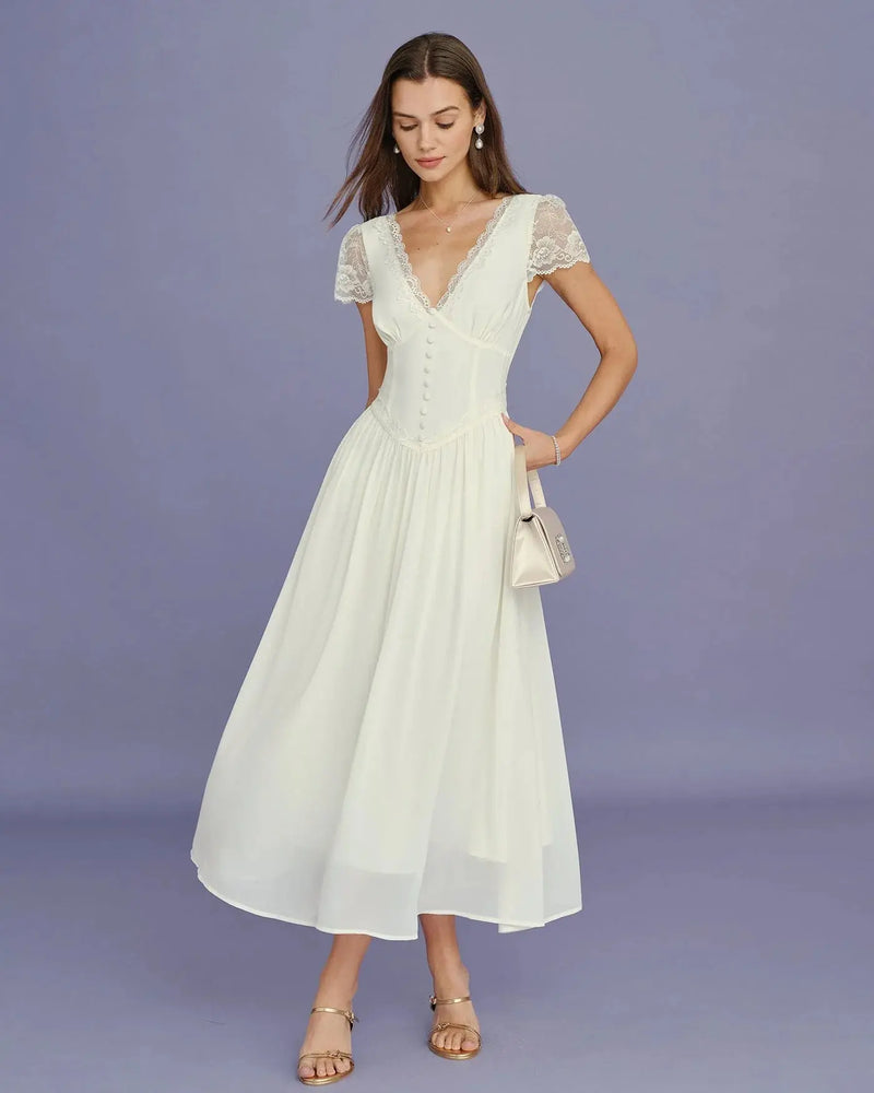Ariadne Robe Midi en Dentelle à Manches pour Femme - Ivoire