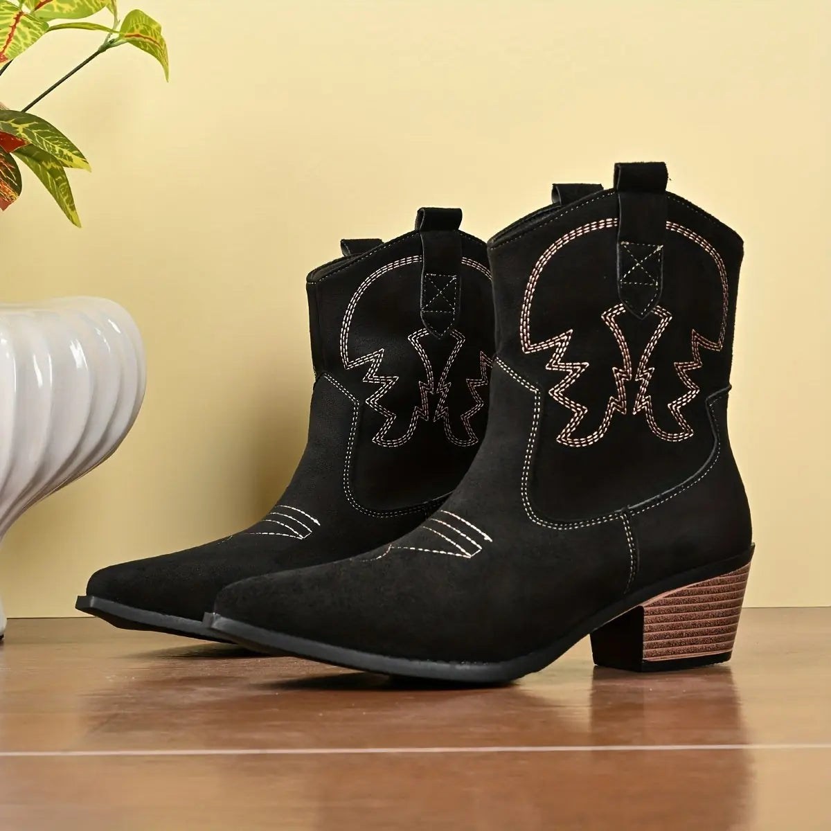 Lacey Bottines Western Brodées, Talon Empilé, Style Cowboy pour Femme - Noir
