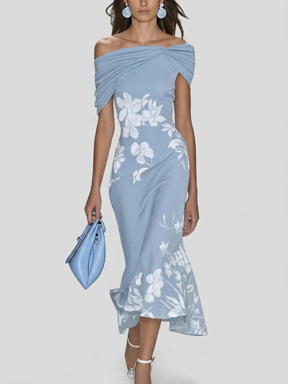 Talia Robe Midi Fleurie Élégante, Épaules Dénudées, Coupe Ajustée pour Femme - Bleu