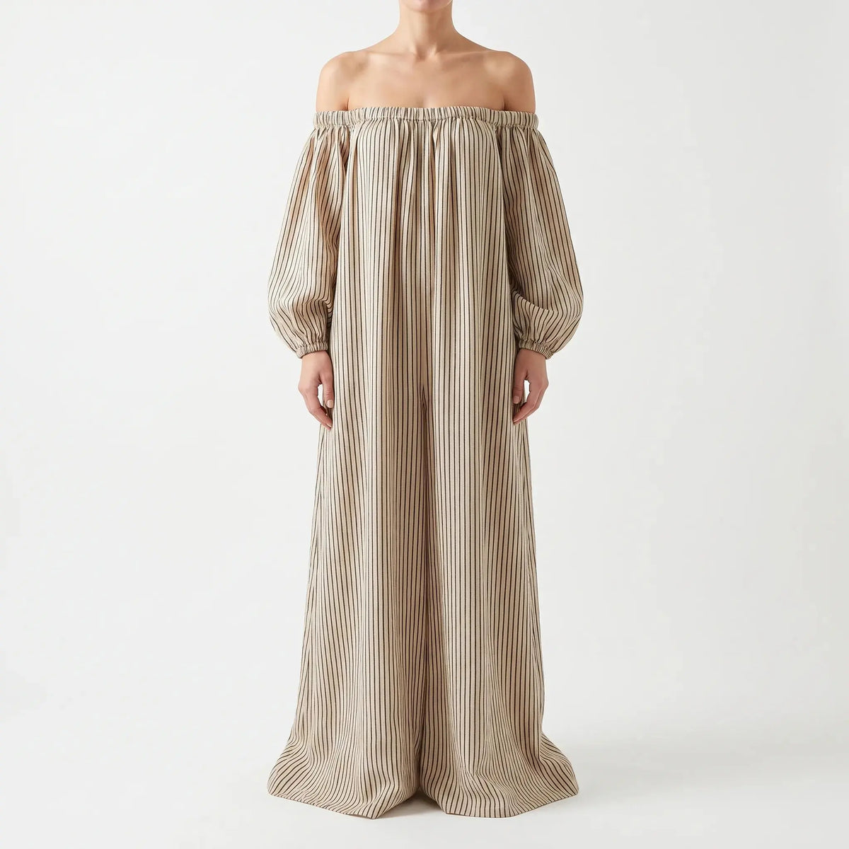 Verbena Robe Maxi Rayée, Épaules Dénudées pour Femme - Beige