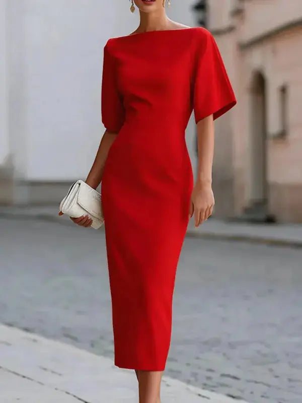 Ambretta Robe Midi Ajustée, Col Bateau, Manches à Volants pour Femme - Bordeaux