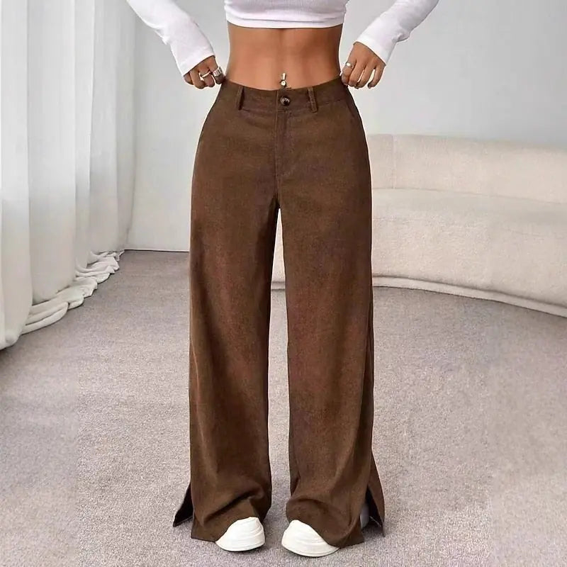 Camila Pantalon Large Taille Haute Élégant pour Femme - Marron Café