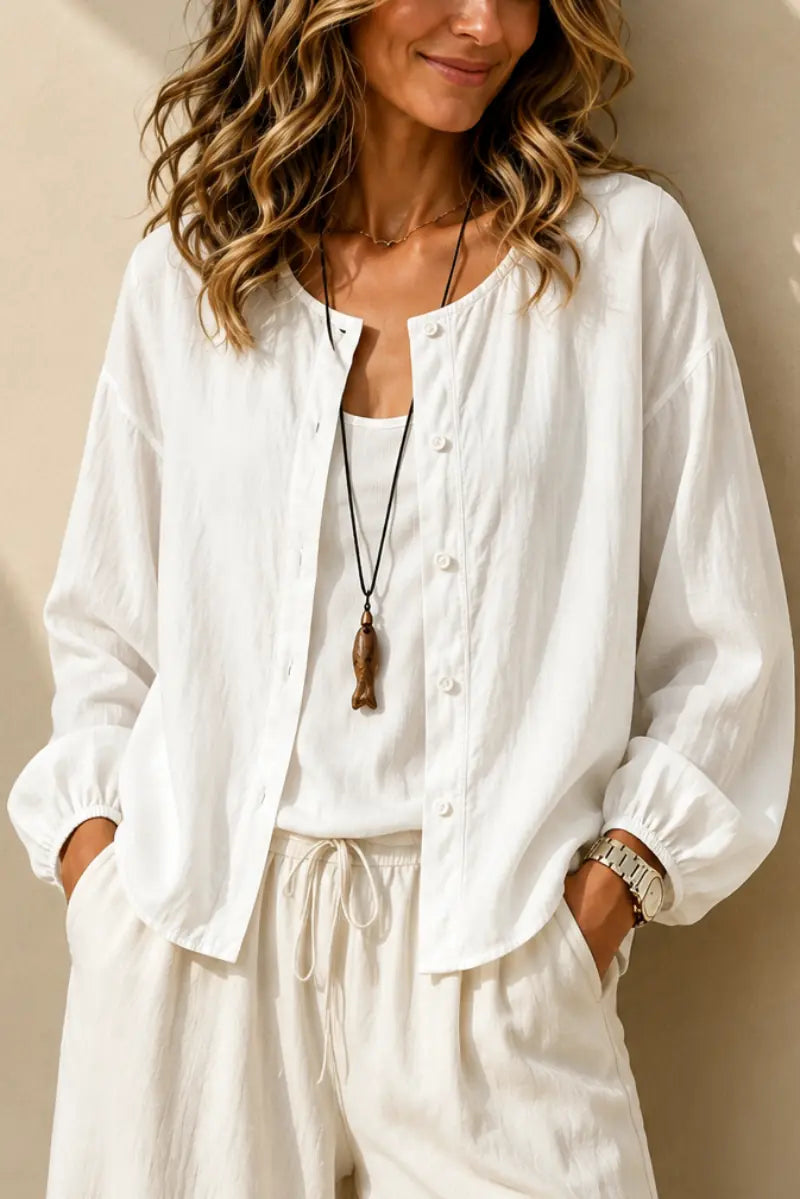 Dorielle Chemise Col Rond Boutonnée, Manches Longues pour Femme - Blanc