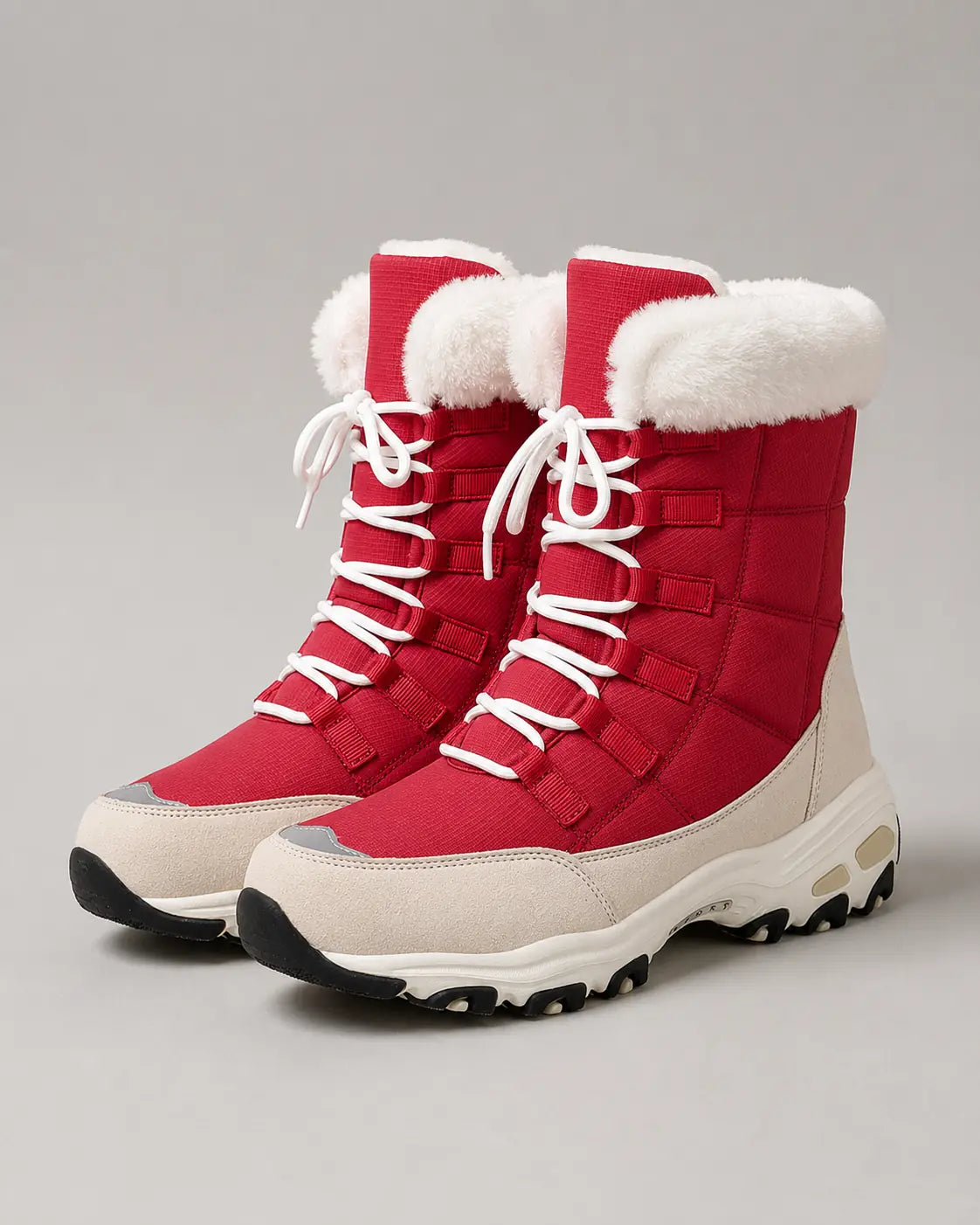 Marceau Bottes de Neige Matelassées à Lacets, Col Fausse Fourrure, Semelle Épaisse pour Femme - Rouge