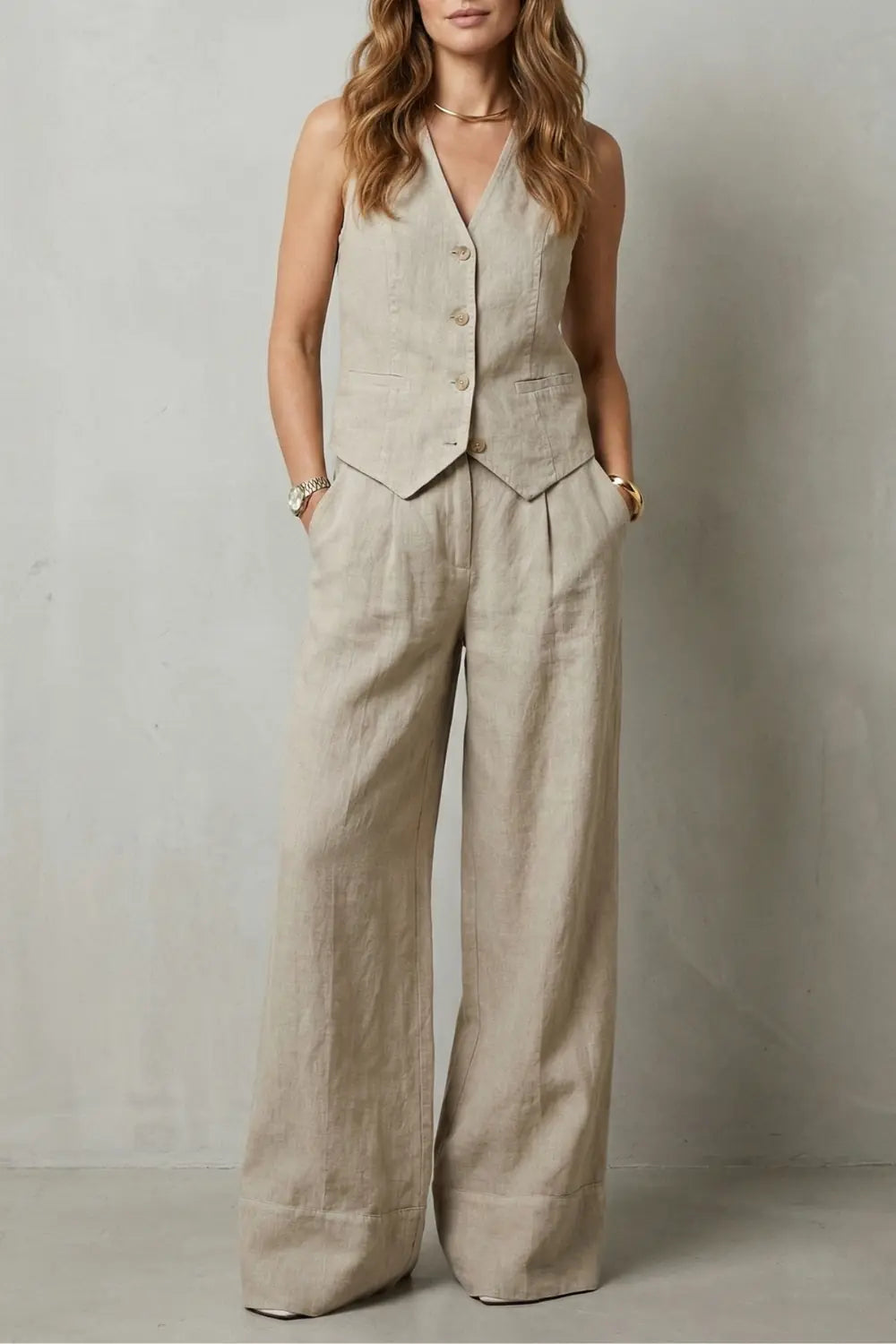 Fiora Ensemble Gilet et Pantalon Large, Col en V, Boutonné Devant, Coupe Ajustée pour Femme - Beige